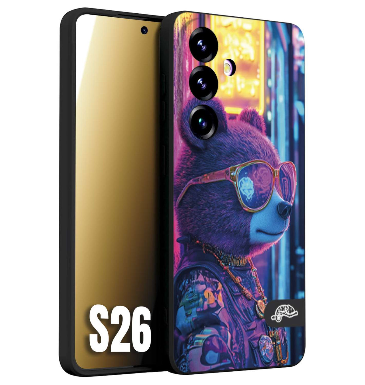 CUSTOMIZZA - Custodia cover nera morbida in tpu compatibile per Samsung S26 animali cyberpunk orsetto orso street bear fucsia blu night
