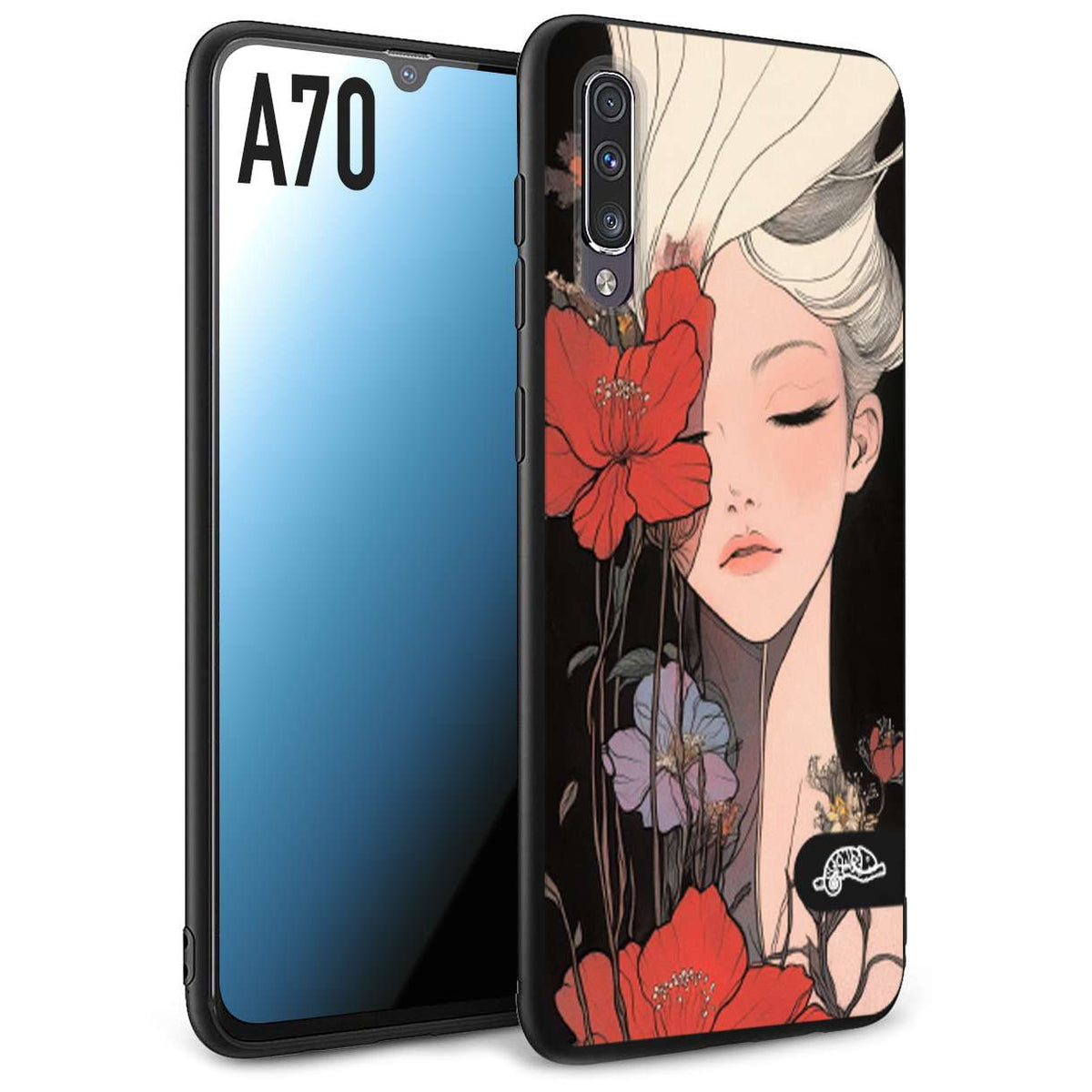 CUSTOMIZZA - Custodia cover nera morbida in tpu compatibile per Samsung A70 woman flower Fantasia Floreale Design Donna e Fiori, Retro Artistico