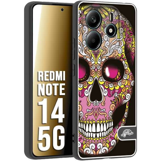 CUSTOMIZZA - Custodia cover nera morbida in tpu compatibile per Xiaomi Redmi Note 14 5G teschio messicano Mexican skull rosa gialla