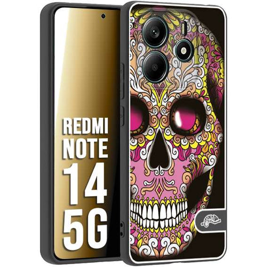 CUSTOMIZZA - Custodia cover nera morbida in tpu compatibile per Xiaomi Redmi Note 14 5G teschio messicano Mexican skull rosa gialla