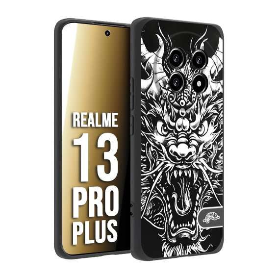 CUSTOMIZZA - Custodia cover nera morbida in tpu compatibile per Realme 13 PRO PLUS drago black and white bianco a rilievo disegnato tattoo tatuaggio
