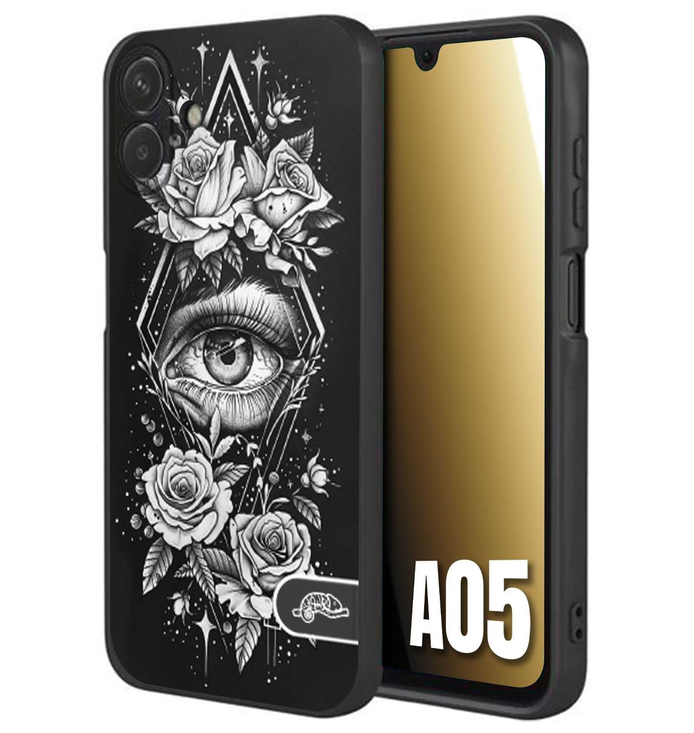 CUSTOMIZZA - Custodia cover nera morbida in tpu compatibile per Samsung A05 occhio fiori rombo geometrico black and white bianco a rilievo disegnato tattoo tatuaggio