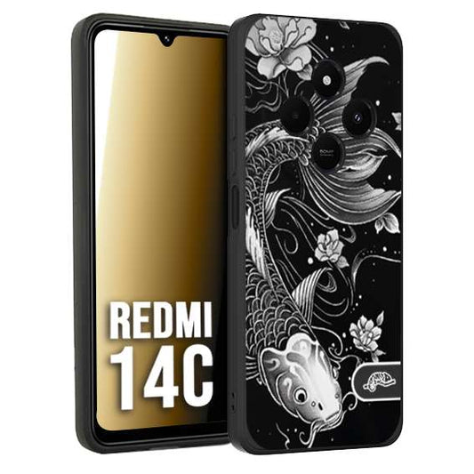 CUSTOMIZZA - Custodia cover nera morbida in tpu compatibile per Xiaomi Redmi 14C carpa koi black and white bianco a rilievo disegnato tattoo tatuaggio