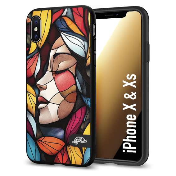 CUSTOMIZZA - Custodia cover nera morbida in tpu compatibile per iPhone X - Xs Vetrata artistica volto di donna profilo fogliare mosaico di vetro colorato