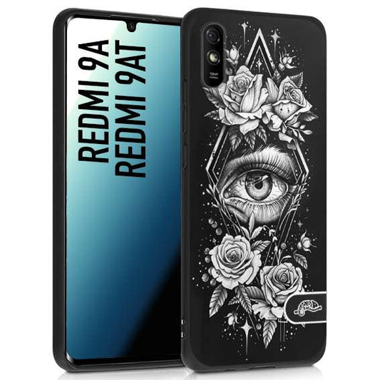 CUSTOMIZZA - Custodia cover nera morbida in tpu compatibile per Xiaomi Redmi 9A - 9AT occhio fiori rombo geometrico black and white bianco a rilievo disegnato tattoo tatuaggio