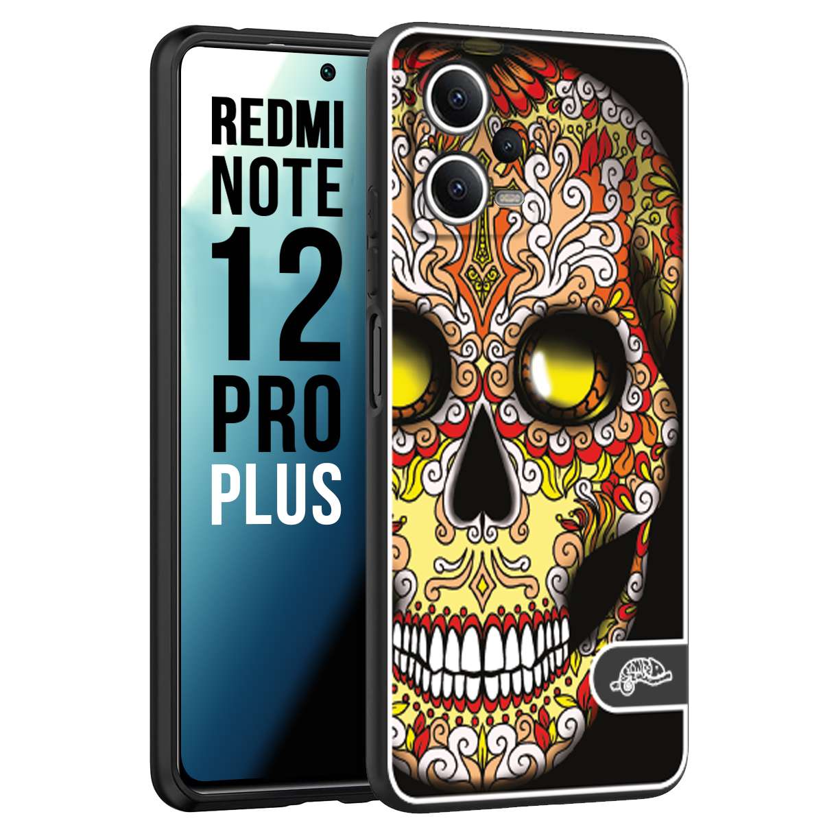 CUSTOMIZZA - Custodia cover nera morbida in tpu compatibile per Xiaomi Redmi Note 12 PRO PLUS teschio messicano Mexican skull giallo rosso arancio