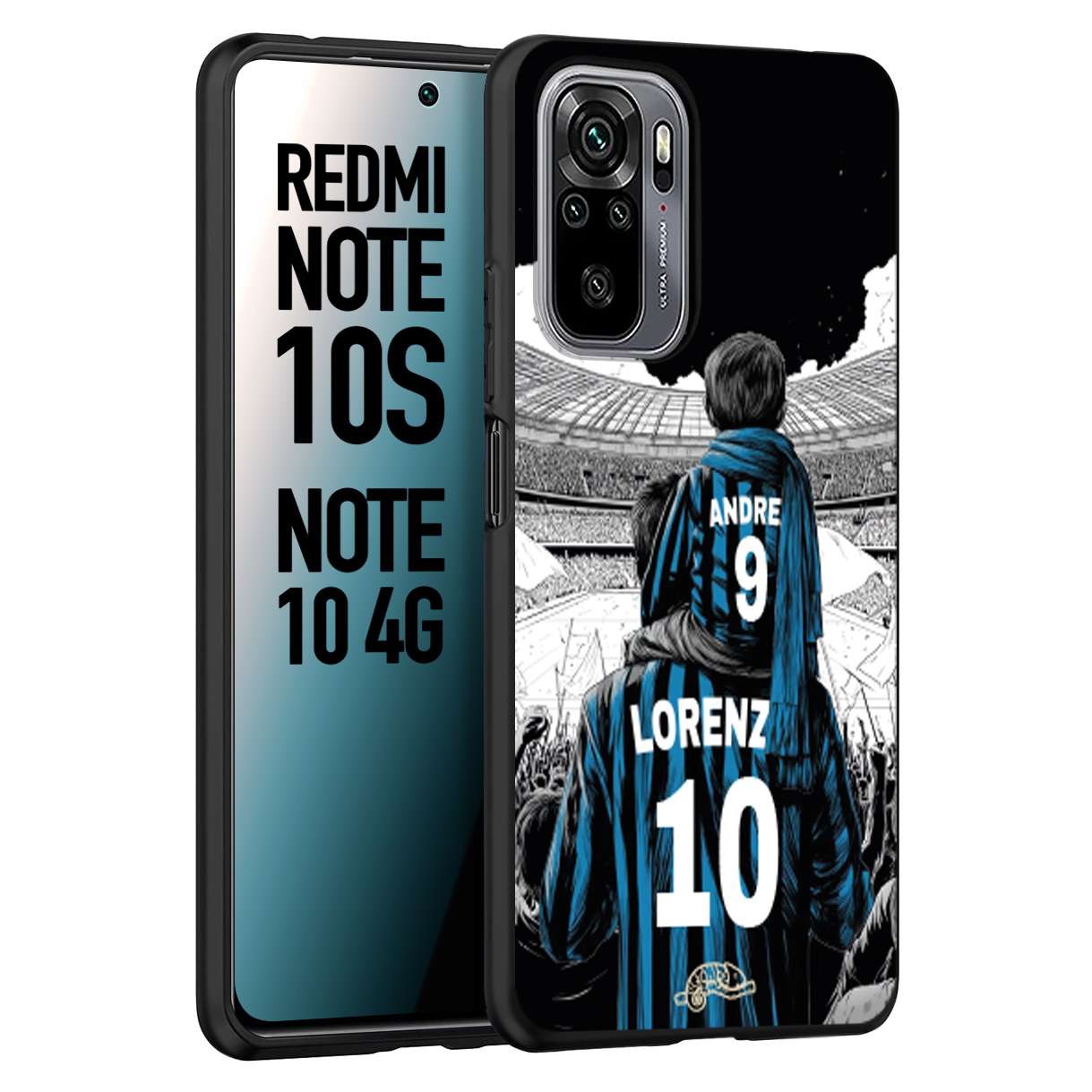 CUSTOMIZZA - Custodia cover nera morbida in tpu compatibile per Xiaomi Redmi Note 10S personalizzata calcio football padre e figlio calciatori nerazzurra