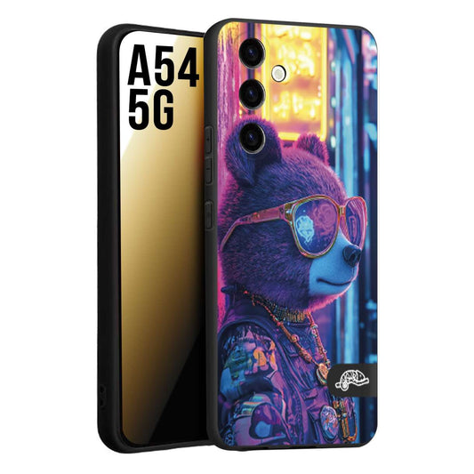 CUSTOMIZZA - Custodia cover nera morbida in tpu compatibile per Samsung A54 5G animali cyberpunk orsetto orso street bear fucsia blu night
