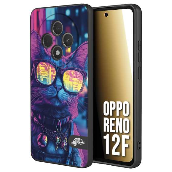 CUSTOMIZZA - Custodia cover nera morbida in tpu compatibile per Oppo Reno 12F animali cyberpunk gatto street cat fucsia blu giallo