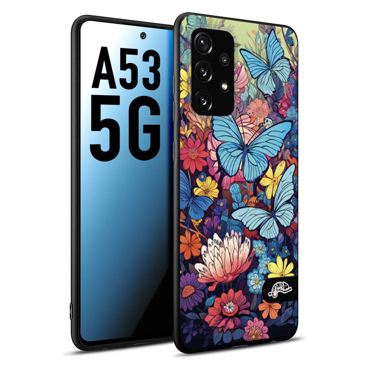 CUSTOMIZZA - Custodia cover nera morbida in tpu compatibile per Samsung A53 5G farfalle butterfly moderno donna disegnate gialla blu rosa