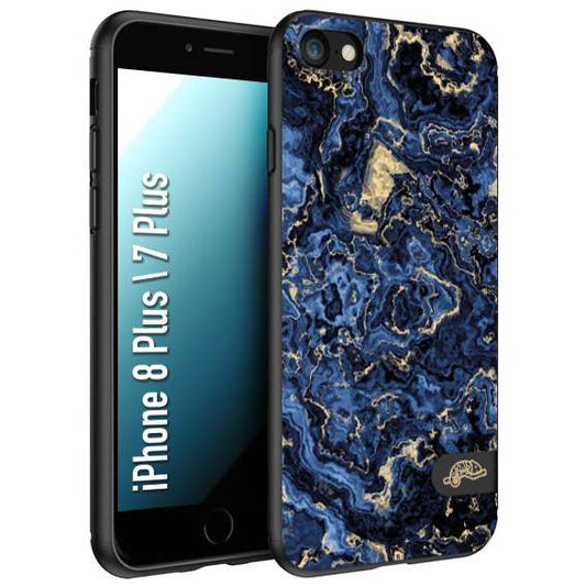 CUSTOMIZZA - Custodia cover nera morbida in tpu compatibile per iPhone 7 PLUS - 8 plus effetto marmo marble blu venature dorato psichedelico