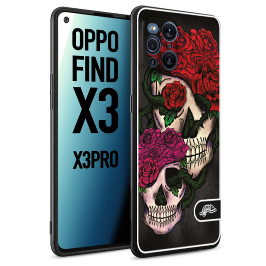 CUSTOMIZZA - Custodia cover nera morbida in tpu compatibile per Oppo Find X3 - Find X3 Pro 5G teschi e rose rosse fucsia skull and roses