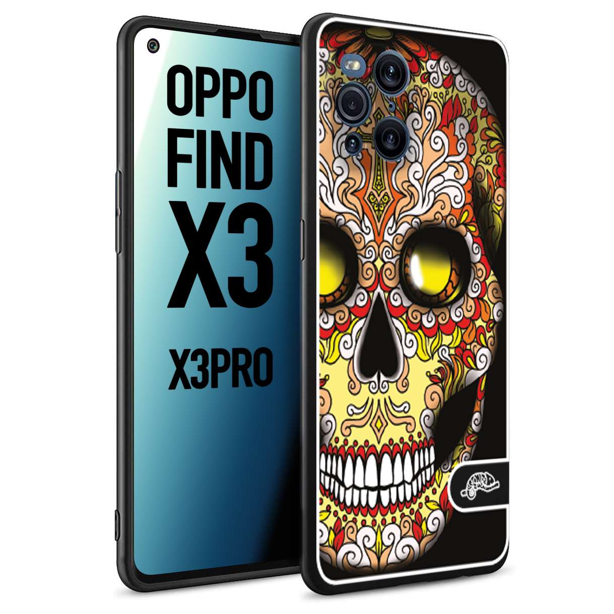 CUSTOMIZZA - Custodia cover nera morbida in tpu compatibile per Oppo Find X3 - Find X3 Pro 5G teschio messicano Mexican skull giallo rosso arancio