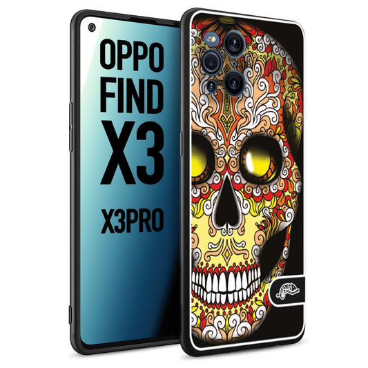 CUSTOMIZZA - Custodia cover nera morbida in tpu compatibile per Oppo Find X3 - Find X3 Pro 5G teschio messicano Mexican skull giallo rosso arancio