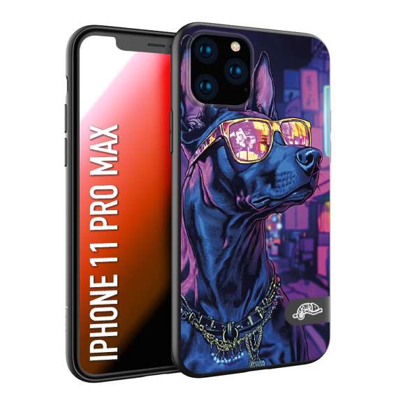 CUSTOMIZZA - Custodia cover nera morbida in tpu compatibile per iPhone 11 PRO MAX animali cyberpunk dobermann cane street dog fucsia blu night