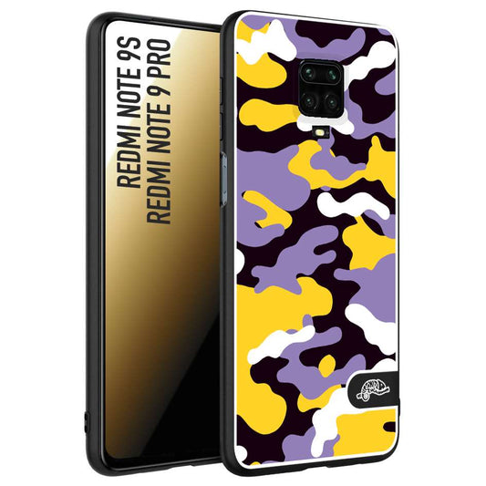 CUSTOMIZZA - Custodia cover nera morbida in tpu compatibile per Xiaomi Redmi Note 9S - Note 9 PRO camouflage mimetico militare viola lilla giallo