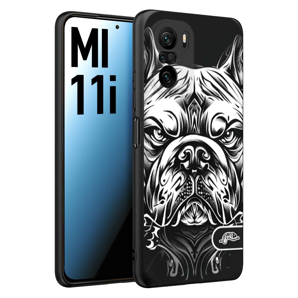 CUSTOMIZZA - Custodia cover nera morbida in tpu compatibile per Xiaomi Mi 11i bulldog bianco a rilievo disegnato tattoo tatuaggio