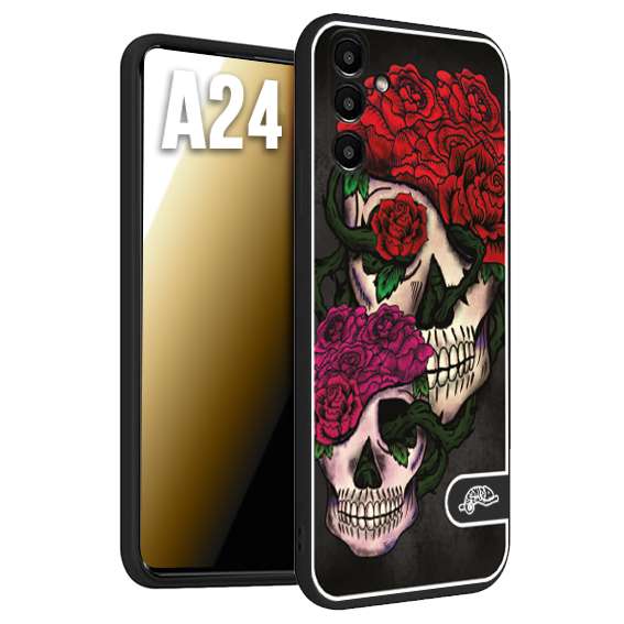 CUSTOMIZZA - Custodia cover nera morbida in tpu compatibile per Samsung A24 teschi e rose rosse fucsia skull and roses