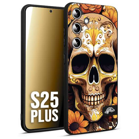 CUSTOMIZZA - Custodia cover nera morbida in tpu compatibile per Samsung S25 PLUS teschio messicano colorato dorato fiori tattoo disegnato