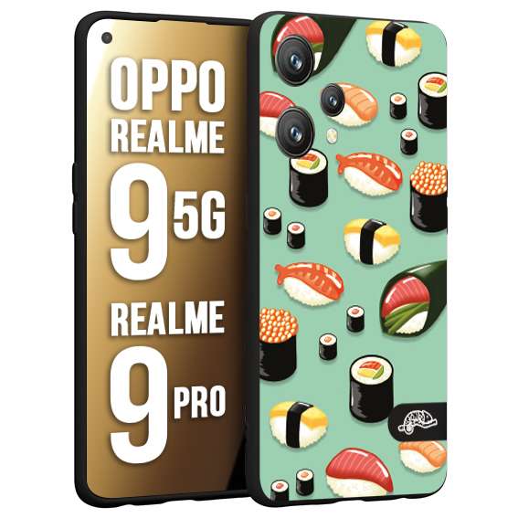 CUSTOMIZZA - Custodia cover nera morbida in tpu compatibile per Oppo Realme 9 5G - 9 PRO sushi disegni giapponese nighiri acquamarina verde