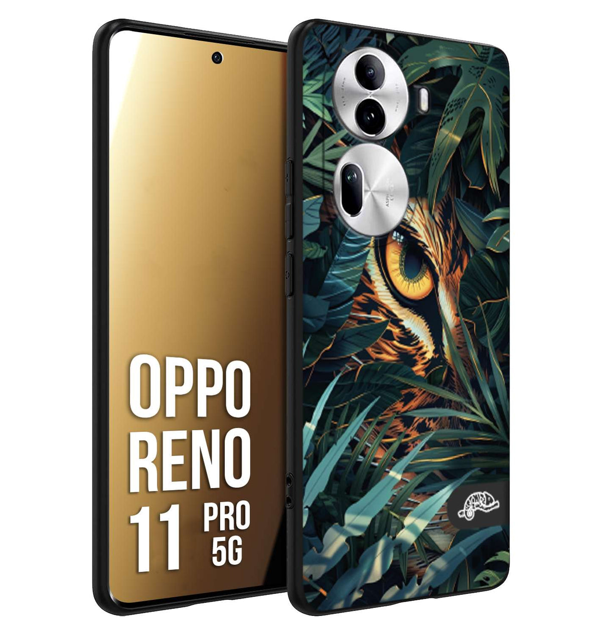 CUSTOMIZZA - Custodia cover nera morbida in tpu compatibile per Oppo Reno 11 PRO 5G animali color giungla tropicale occhio di giaguaro felino disegnato