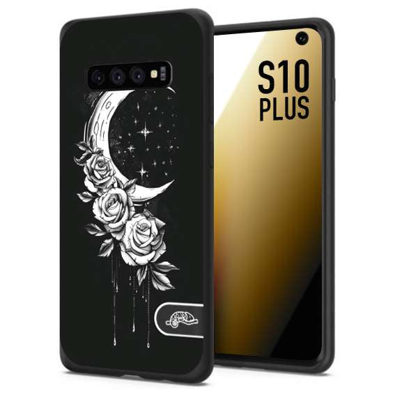 CUSTOMIZZA - Custodia cover nera morbida in tpu compatibile per Samsung S10 PLUS luna e fiori moon flowers black and white bianco a rilievo disegnato