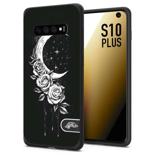 CUSTOMIZZA - Custodia cover nera morbida in tpu compatibile per Samsung S10 PLUS luna e fiori moon flowers black and white bianco a rilievo disegnato