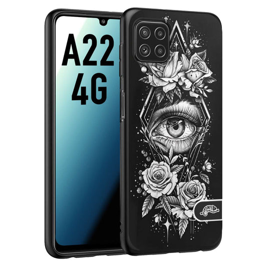 CUSTOMIZZA - Custodia cover nera morbida in tpu compatibile per Samsung A22 4G occhio fiori rombo geometrico black and white bianco a rilievo disegnato tattoo tatuaggio