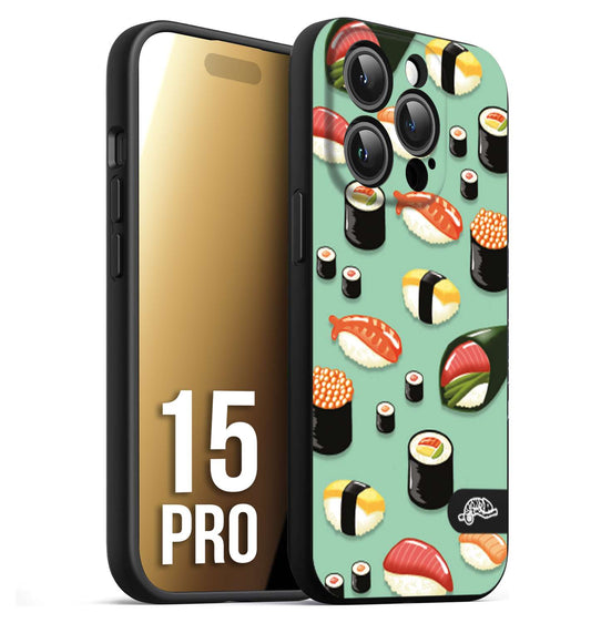 CUSTOMIZZA - Custodia cover nera morbida in tpu compatibile per iPhone 15 PRO sushi disegni giapponese nighiri acquamarina verde