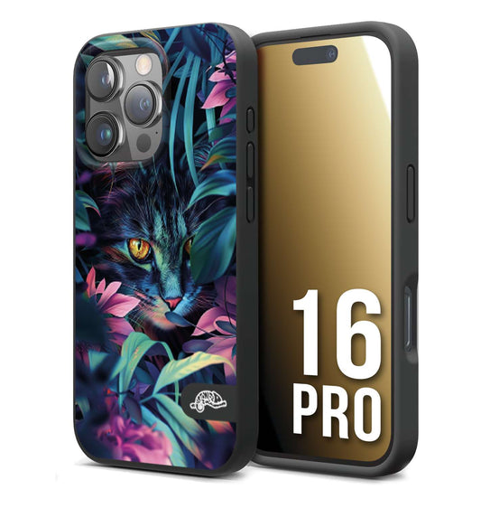 CUSTOMIZZA - Custodia cover nera morbida in tpu compatibile per iPhone 16 PRO animali color giungla tropicale occhio di gatto colori vibranti disegnato