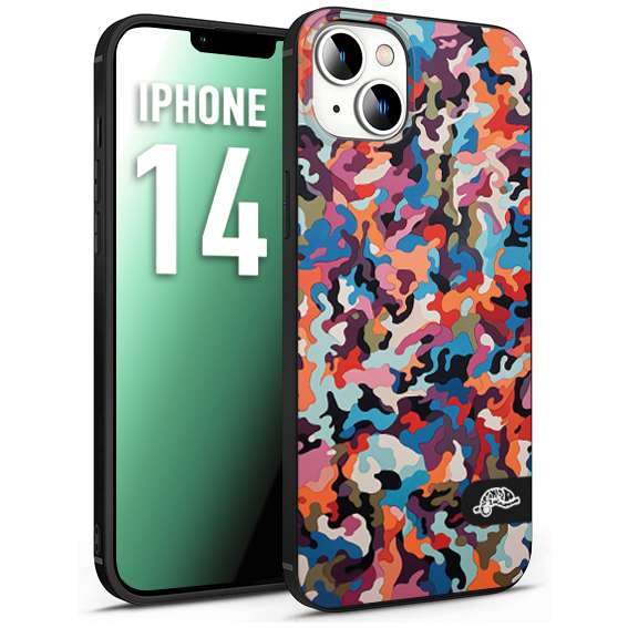 CUSTOMIZZA - Custodia cover nera morbida in tpu compatibile per iPhone 14 camouflage mimetico militare moderno blu arancio rosa