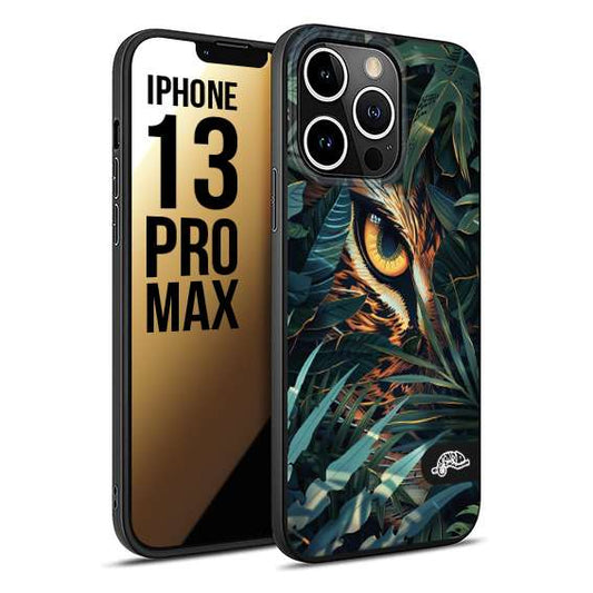 CUSTOMIZZA - Custodia cover nera morbida in tpu compatibile per iPhone 13 PRO MAX animali color giungla tropicale occhio di giaguaro felino disegnato