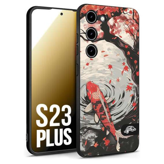 CUSTOMIZZA - Custodia cover nera morbida in tpu compatibile per Samsung S23 PLUS giapponese lago carpa koi rossa con foglie d'acero rosso disegnata tattoo