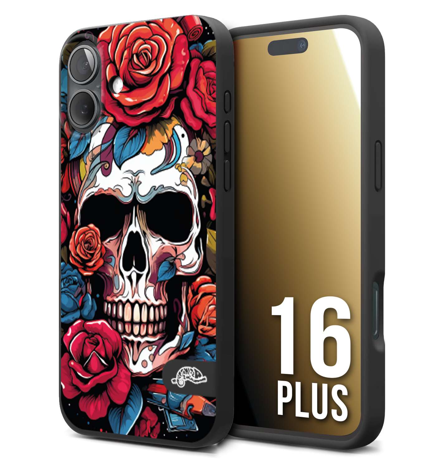 CUSTOMIZZA - Custodia cover nera morbida in tpu compatibile per iPhone 16 PLUS teschio skull flowers fiori rose rosse tattoo disegnato