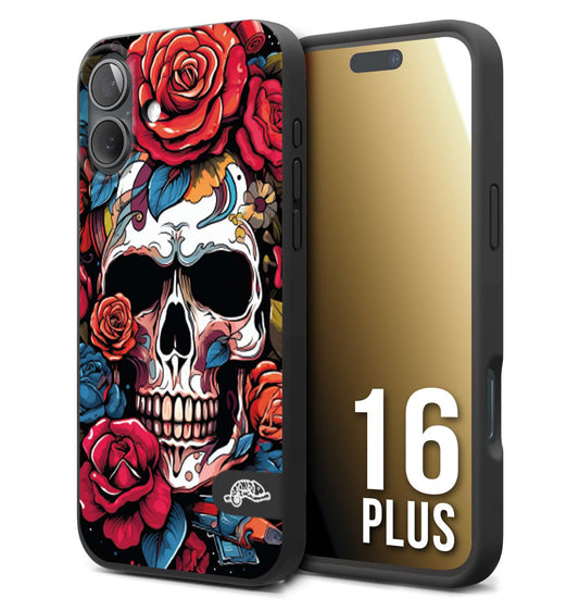 CUSTOMIZZA - Custodia cover nera morbida in tpu compatibile per iPhone 16 PLUS teschio skull flowers fiori rose rosse tattoo disegnato