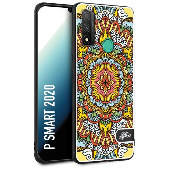 CUSTOMIZZA - Custodia cover nera morbida in tpu compatibile per Huawei P Smart 2020 mandala colorato fiore nuvole arancione