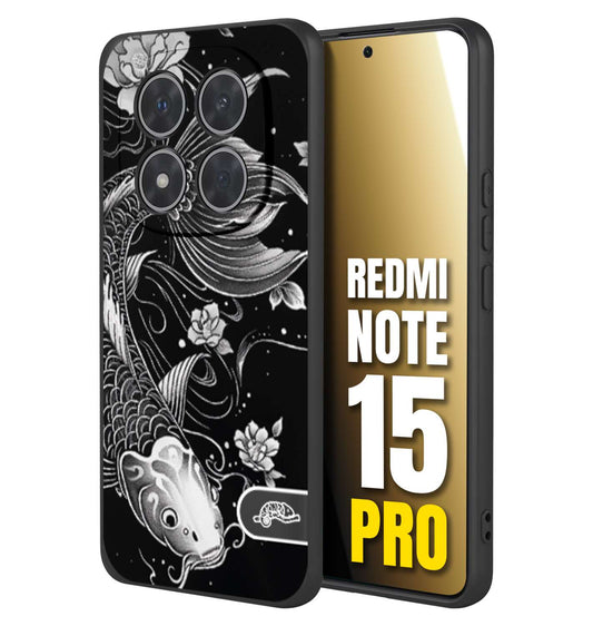 CUSTOMIZZA - Custodia cover nera morbida in tpu compatibile per Xiaomi Redmi Note 15 PRO carpa koi black and white bianco a rilievo disegnato tattoo tatuaggio