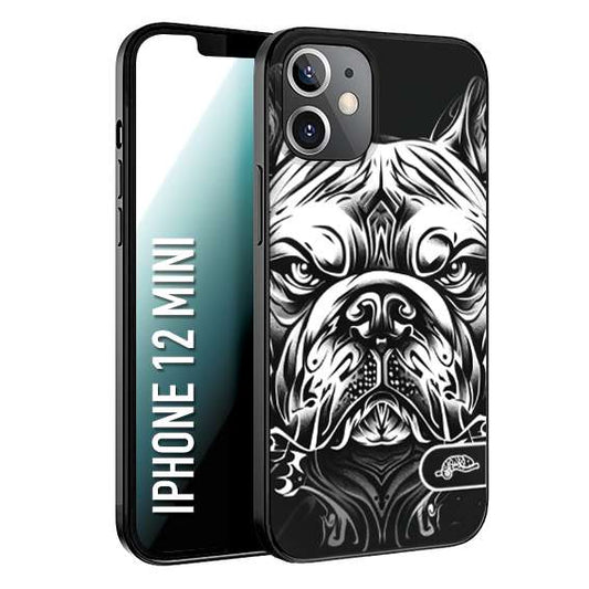 CUSTOMIZZA - Custodia cover nera morbida in tpu compatibile per iPhone 12 MINI bulldog bianco a rilievo disegnato tattoo tatuaggio