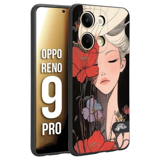 CUSTOMIZZA - Custodia cover nera morbida in tpu compatibile per Oppo Reno 9 PRO woman flower Fantasia Floreale Design Donna e Fiori, Retro Artistico