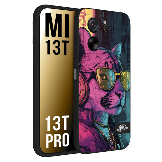 CUSTOMIZZA - Custodia cover nera morbida in tpu compatibile per Xiaomi 13T - 13T PRO animali cyberpunk pantera street cat fucsia blu giallo