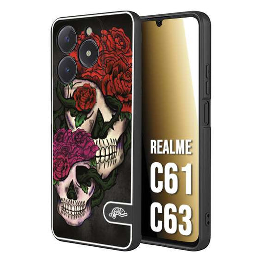 CUSTOMIZZA - Custodia cover nera morbida in tpu compatibile per Realme C61 - C63 teschi e rose rosse fucsia skull and roses