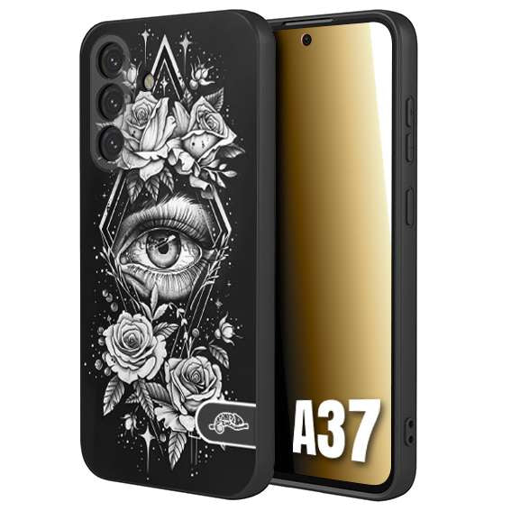 CUSTOMIZZA - Custodia cover nera morbida in tpu compatibile per Samsung A37 occhio fiori rombo geometrico black and white bianco a rilievo disegnato tattoo tatuaggio