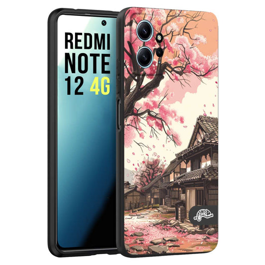 CUSTOMIZZA - Custodia cover nera morbida in tpu compatibile per Xiaomi Redmi Note 12 4G casa giapponese rosa ciliegio in fiore disegnata tattoo