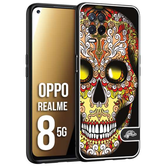 CUSTOMIZZA - Custodia cover nera morbida in tpu compatibile per Oppo Realme 8 5G teschio messicano Mexican skull giallo rosso arancio