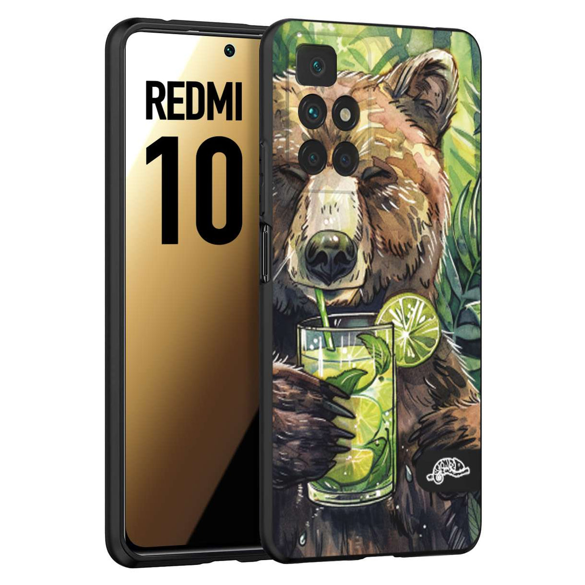 CUSTOMIZZA - Custodia cover nera morbida in tpu compatibile per Xiaomi Redmi 10 fiori estate disegnata cocktails animali simpatici orso bear negroni