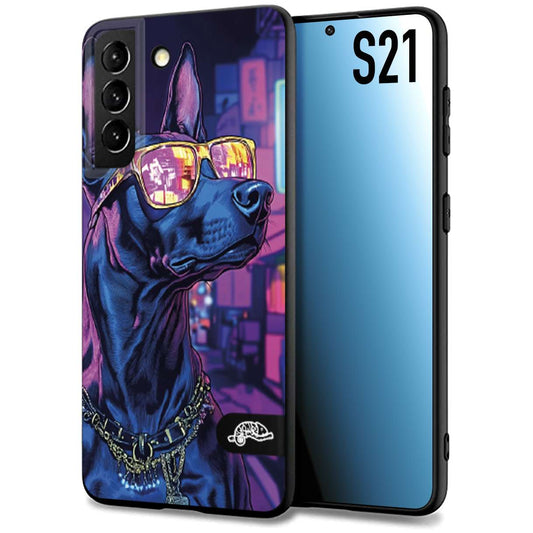 CUSTOMIZZA - Custodia cover nera morbida in tpu compatibile per Samsung S21 animali cyberpunk dobermann cane street dog fucsia blu night