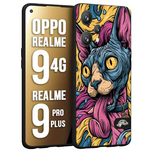 CUSTOMIZZA - Custodia cover nera morbida in tpu compatibile per Realme 9 4G - 9 PRO PLUS Sphynx Colorato Pop Art Psichedelico Gatto Blu Rosa Giallo Artistica Fantasy