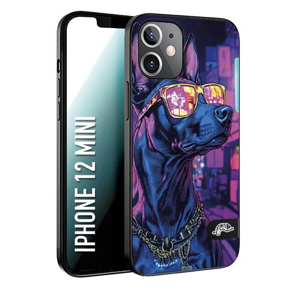 CUSTOMIZZA - Custodia cover nera morbida in tpu compatibile per iPhone 12 MINI animali cyberpunk dobermann cane street dog fucsia blu night