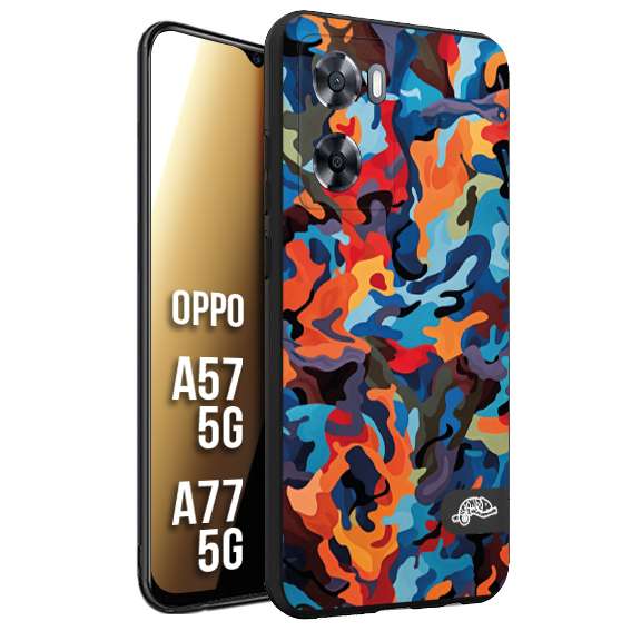 CUSTOMIZZA - Custodia cover nera morbida in tpu compatibile per Oppo A57 5G - A77 5G camouflage mimetico militare moderno blu arancio rosso