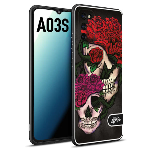 CUSTOMIZZA - Custodia cover nera morbida in tpu compatibile per Samsung A03S teschi e rose rosse fucsia skull and roses